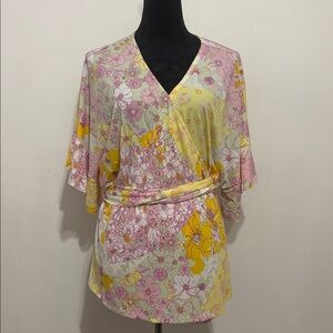 Modcloth Floral Ruffle Wrap Hippie Blouse Size 2X Yellow Pink Boho Top